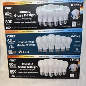 3 Boxes - Feit Electric 60 Watt A19 E26 Dimmable LED Bulb 6-Pack
